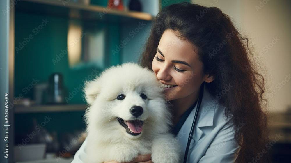 In a veterinary clinic, a smiling vet cradles a playful puppy, exuding warmth and expertise. The scene encapsulates a moment of compassionate care and trust between healer and furr In a veterinary clinic, a smiling vet cradles a playful puppy, exuding warmth and expertise. The scene encapsulates a moment of compassionate care and trust between healer and furr