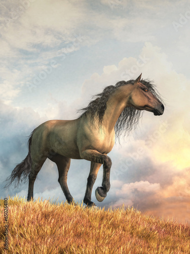 A wild grullo dun horse stands on hill in the wilderness. Grullo is a coat coloration, a grayish tan, often with striping. They are also known as grulla, blue dun, gray dun or mouse dun. 3D Rendering