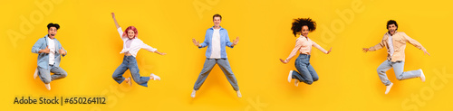 Set of diverse teens jumping over yellow studio background, in motion shot of multiracial students having fun, panorama