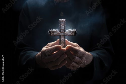 Christianity hands holding religious cross. Pray to god
