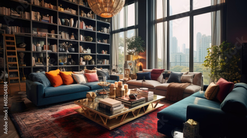 A modern maximalist living room interior photo