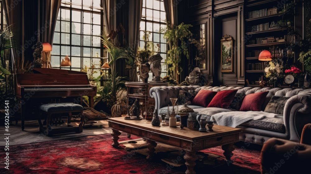 A modern maximalist living room interior A modern maximalist living room interior