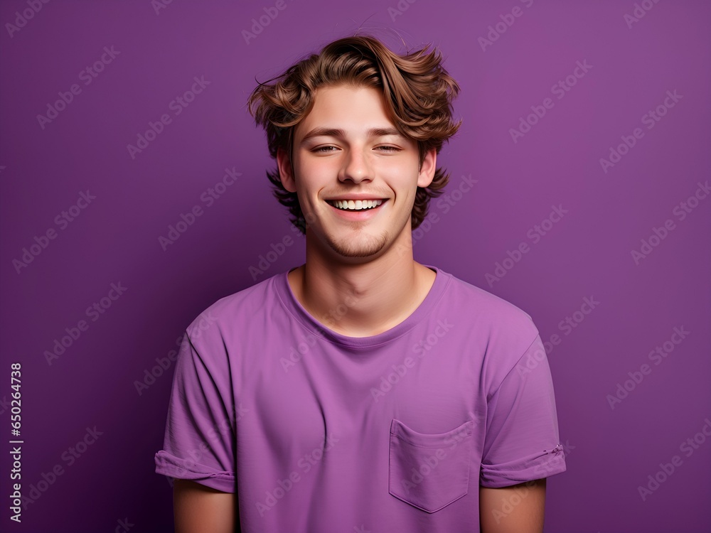 portrait of a guy wear purple t shirt smiling face in studio for ads portrait of a guy wear purple t shirt smiling face in studio for ads