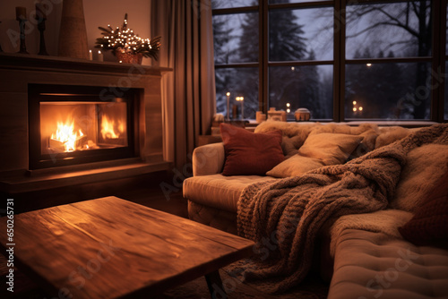 Cozy living room with a lit fireplace, fuzzy blankets ready to Christmas.