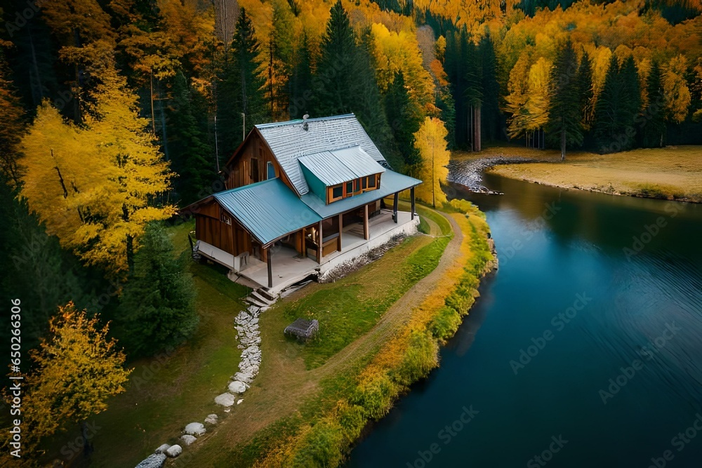 Aerial view of river with cabin in a forest in autumn. Created with Generative AI technology