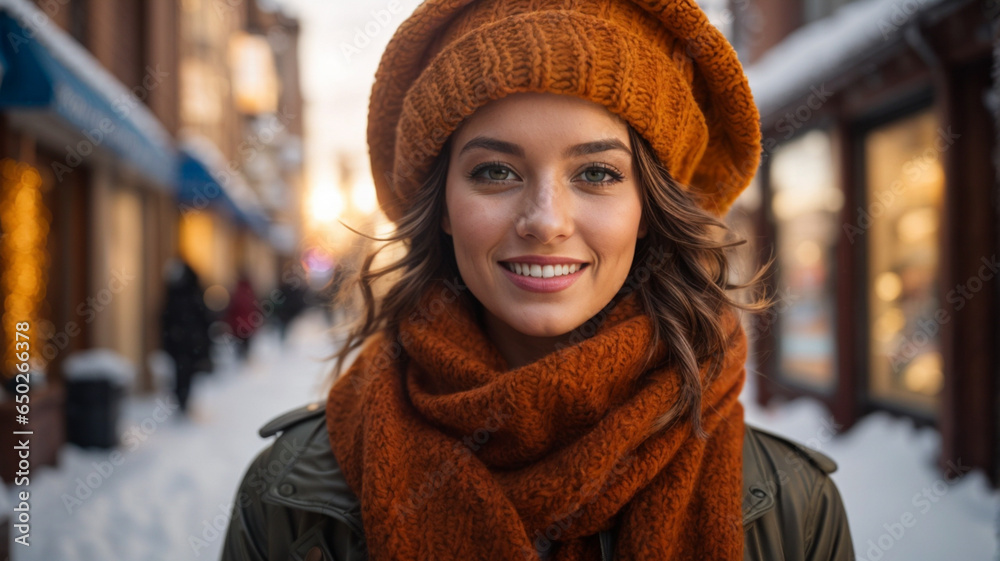 Outdoor close-up portrait of happy smiling young woman walking on the street, model wearing stylish winter hat, Christmas, New Year concept. Copy space for text Outdoor close-up portrait of happy smiling young woman walking on the street, model wearing stylish winter hat, Christmas, New Year concept. Copy space for text