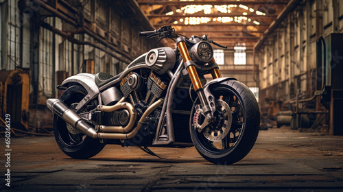 Realistic photo of Custom Bobbler Motorbike Standing in a industrial landscape photo