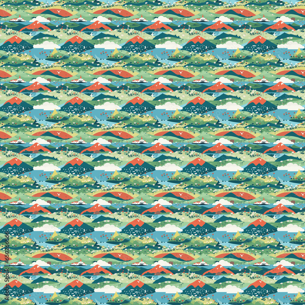 Seamless pattern of an Icelandic volcano erupting over the land, with lava. Flat desisng