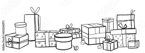 Hand drawn gift boxes  on white background. Coloring page. Vector EPS 10 vector 