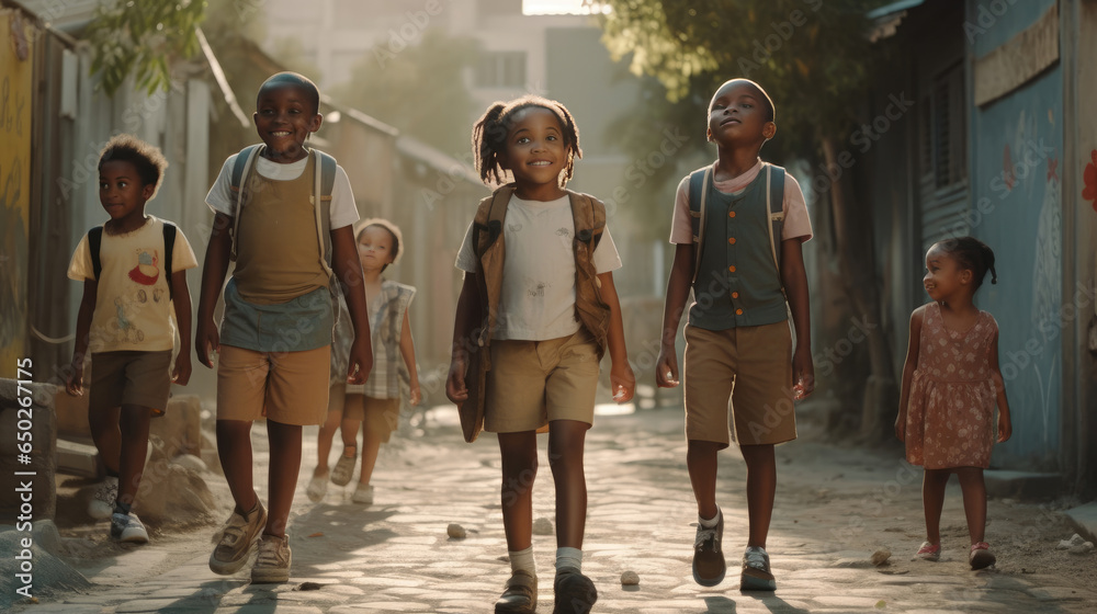 A group of small children go to school on their first day of school A group of small children go to school on their first day of school