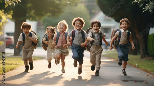 A group of small children go to school on their first day of school photo
