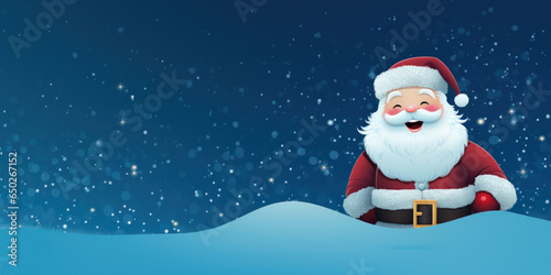 Santa Claus on blue Christmas background with copy space.