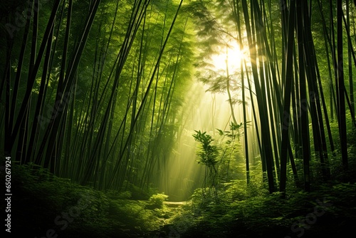 Landscape of asian bamboo forest with morning sunlight