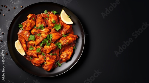 Top view chicken tikka black plate isolated on a black background