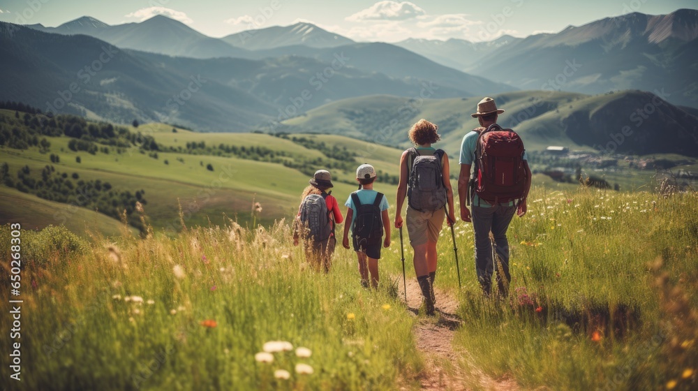 photo of a family and friends hiking together in the mountains in the vacation trip week. sweaty walking in the beautiful nature, travel, nature, adventure