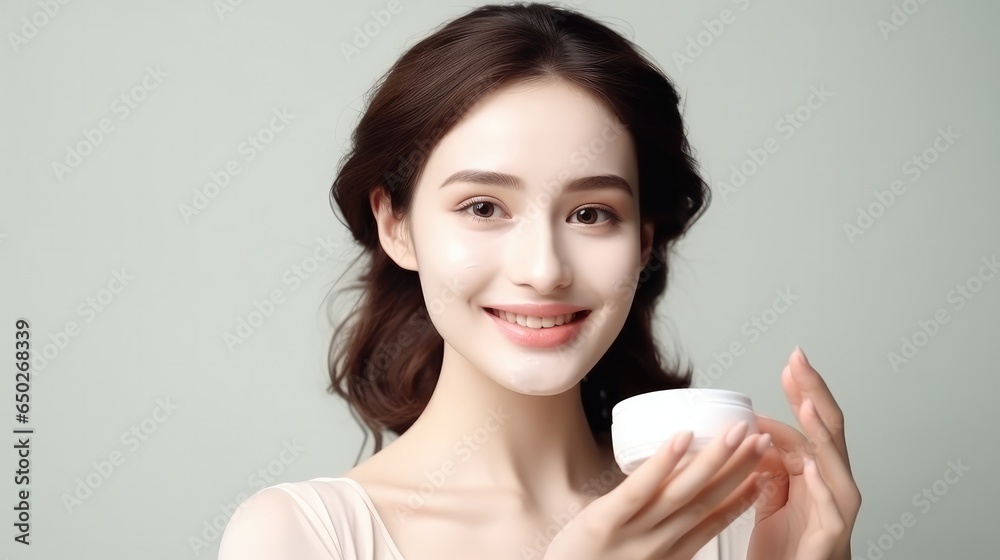 Beautiful woman smile use cream for good skin. face of a healthy woman apply cream and makeup. Advertisement for skin cream, anti-wrinkle, baby face, whitening, moisturizer, tighten pores serum Beautiful woman smile use cream for good skin. face of a healthy woman apply cream and makeup. Advertisement for skin cream, anti-wrinkle, baby face, whitening, moisturizer, tighten pores serum