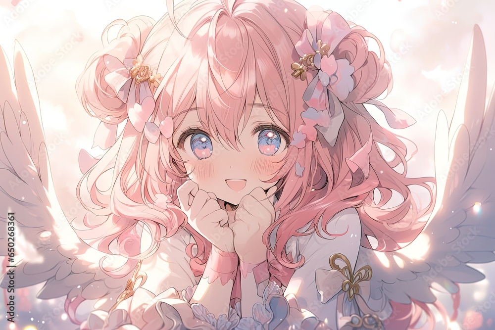 Fototapeta premium portrait of a cute happy smiling angel girl with pink hair in anime style