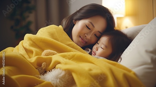 asian woman take care of little ill daughter. Sick child lying on bed under blanket, with worried. single mom taking care of sick daughter at home. child has a high fever. covers on the couch and ill