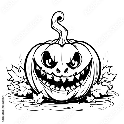 Evil pumpkin line art for coloring book page. Black and white for print