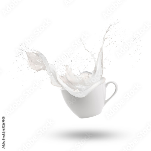 Milk wave splashing out of cup, isolated on white background.
