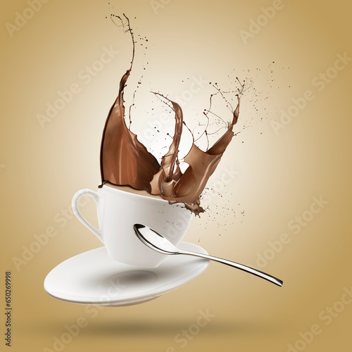 Chocolate wave splashing out of cup on brown background.