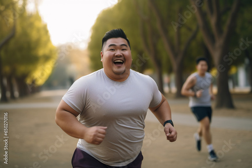 A beautiful strong and fit Asian man is running concentrated and smiling in a city beautiful park ;an obese young person