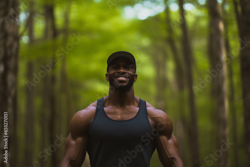 A beautiful strong and fit African American man is exercising concentrated and smiling in a beautiful forest ; a fit and sexy slim person