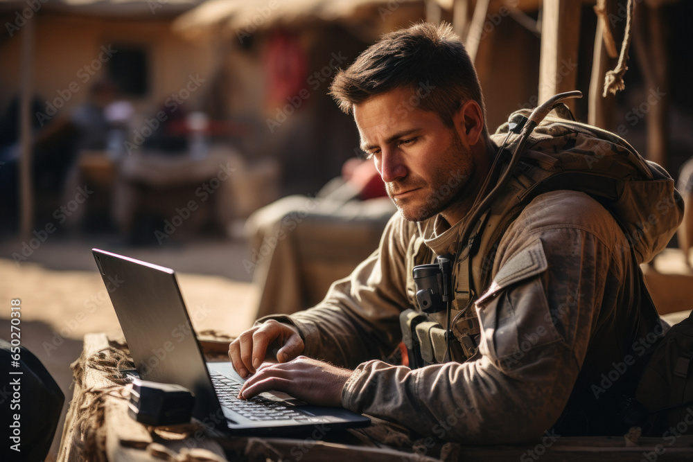 A soldier signalman works on a laptop during a military mission A soldier signalman works on a laptop during a military mission
