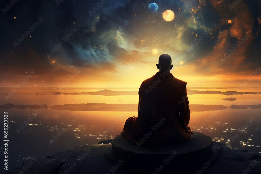 A traditional clothed spiritual monk is visualize with a concentrated in outer  space a spiritual place at sunset