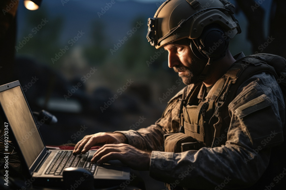 A soldier signalman works on a laptop during a military mission