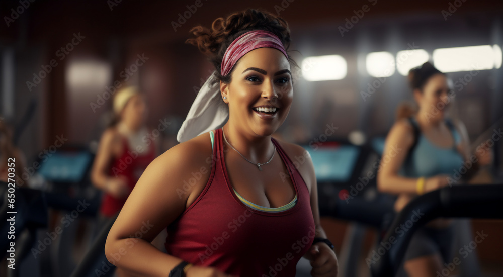 Fototapeta premium A beautiful strong Latin woman is running concentrated and smiling with a headband in a beautiful gym ; an obese young person