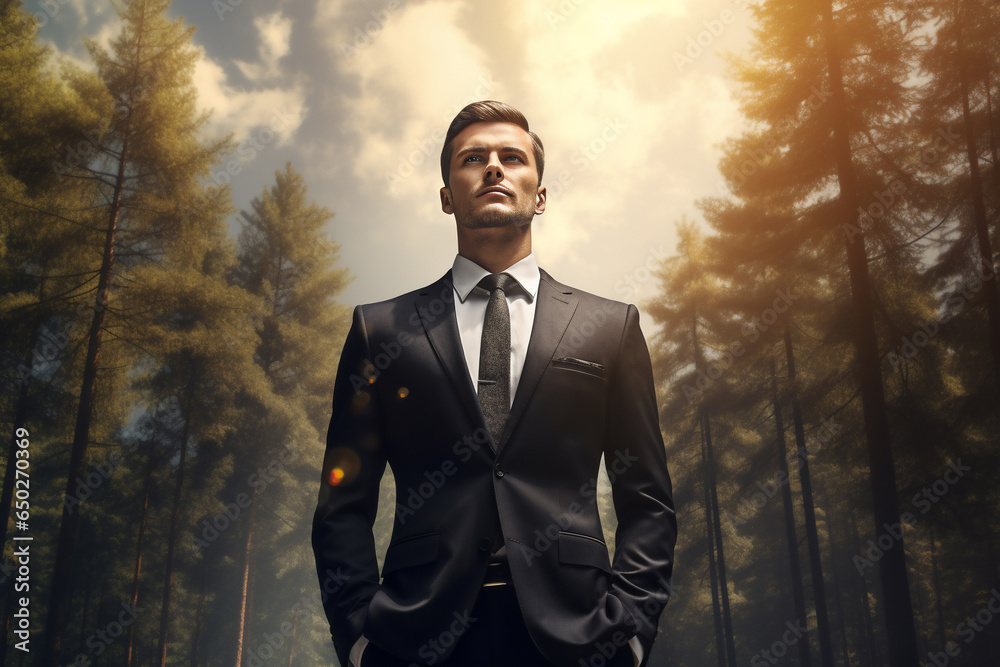 A caucasian entrepreneur or business man are standing seen from the front with a modern suit with an urban and forest beautiful background ; career concept and a business background on a sunny day A caucasian entrepreneur or business man are standing seen from the front with a modern suit with an urban and forest beautiful background ; career concept and a business background on a sunny day