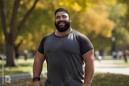 A beautiful strong and fit Latin man is exercising concentrated and smiling in a city beautiful park ; an obese adult