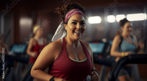 A beautiful strong Latin woman is running concentrated and smiling with a headband in a beautiful gym   an obese young person