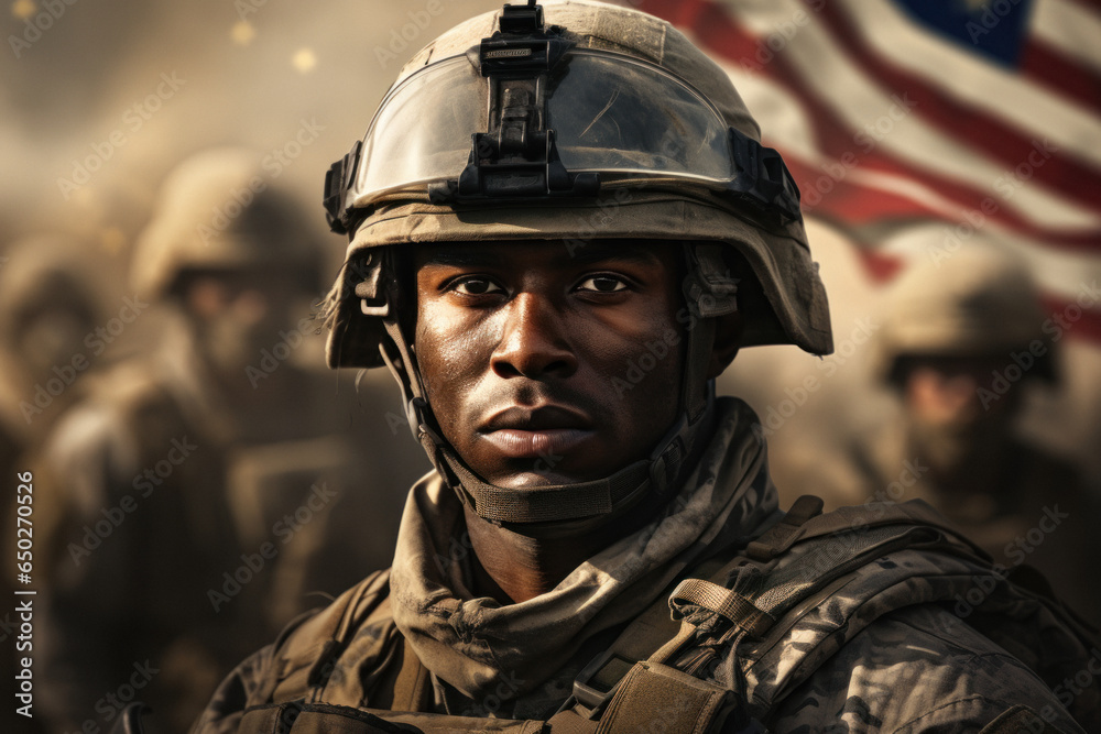 Portrait of African soldier in military gear against background of USA flag Portrait of African soldier in military gear against background of USA flag