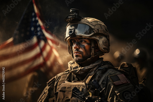 Portrait of Caucasian soldier in military gear against background of USA flag photo