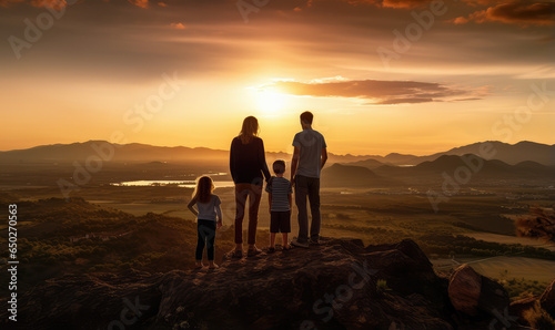 Parents and children contemplating beautiful landscape on a gazebo in the silhouette of the sunset.