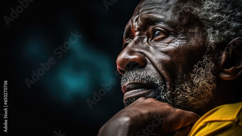 Serious African American old man dramatic portrait on dark background. Close up headshot of handsome thinking man with gray beard. Masculinity, movember, men’s day concept...