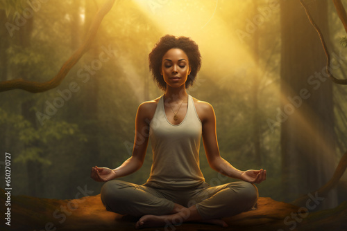 An african american beautiful young and healthy woman is meditating relaxed with a yoga mat in a tranquil forest at sunrise