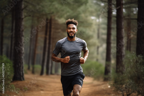 A beautiful strong and fit African American man is running concentrated and smiling with running shoes in a beautiful forest ; a fit and sexy slim person