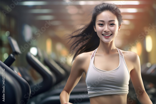 A beautiful strong Asian woman is running concentrated and smiling with dumbnells in a beautiful gym   a fit sexy and slim person