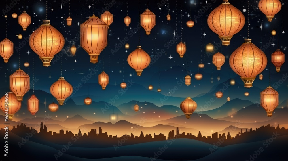 Lanterns background. Happy Diwali Festival of Lights. Group of lantern on Indian festive theme banner. Decorated Floating sky glowing lamp for holiday celebration of India greeting..