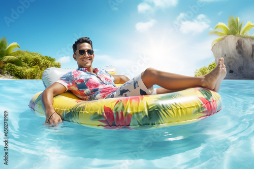 An attractive and sexy latin man is laying relaxed with pool float on a beautiful beach ; holiday background resort spa