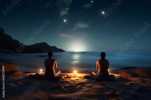 A group of adult happy woman and man are meditating relaxed and mindfull with a yoga mat on a beautiful beach at night with stars and full moon