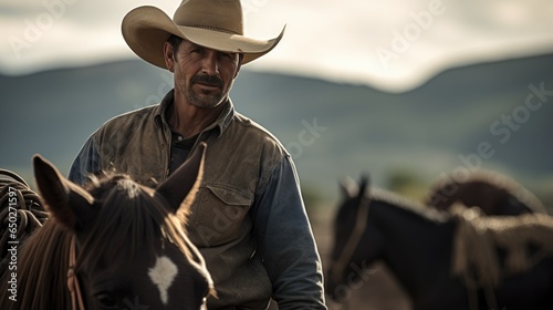 Western cowboy or farmer or rancher portrait outdoor background. Handsome american man wearing leather cowboy hat. 