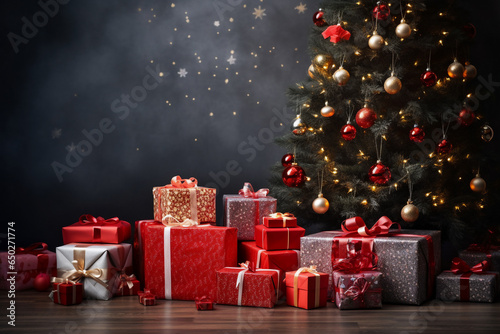 A several christmas gift box are on the floor in front of a decorated christmas tree with red christmas socks in a modern living dark room christmas atmosphere