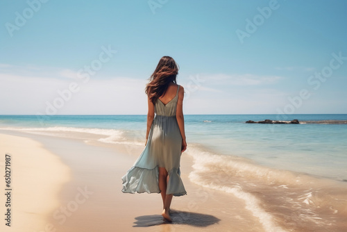 A young and beautiful latin woman is walking on the sand next to the waterline with a dress on a tropical beach with a calm ocean - spring weather beach relaxing