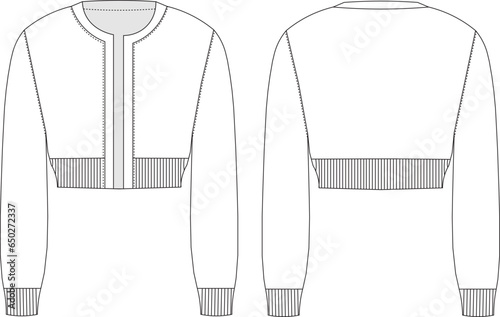 ribbed long sleeve cropped Crop Cardigan jacket round neck crew neck technical drawing, flat sketch