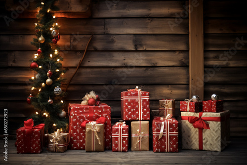 A several christmas gift box are on the floor in front of a decorated christmas tree with red christmas socks in a wooden cabin or dark hut christmas atmosphere