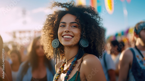 A beautiful young woman is having fun at a music festival in summer
